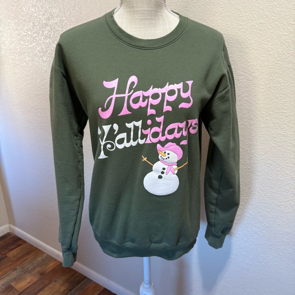 Happy Y'allidays Olive Sweatshirt with Pink Snowman Graphic by Katrez - Small